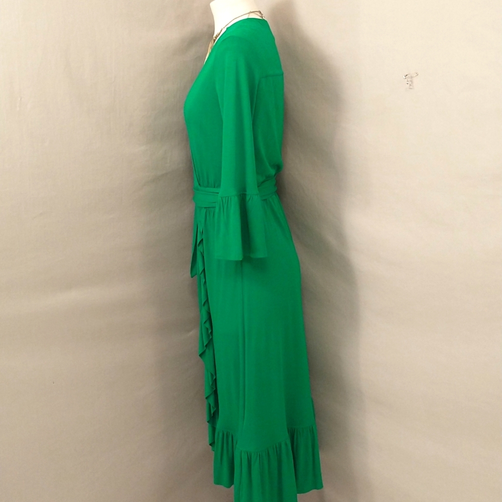 Emerald Green Knit Wrap Dress L K Bennett London Made in Portugal Ruffle sz 4-6 - Picture 4 of 10